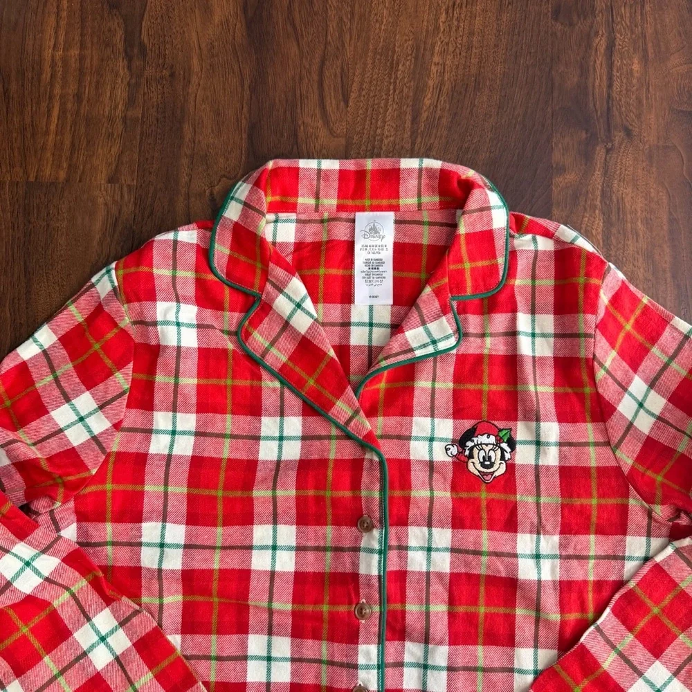 Disney Minnie Mouse Christmas Red and Green Plaid Fabric Pajama Top - Picture 2 of 8